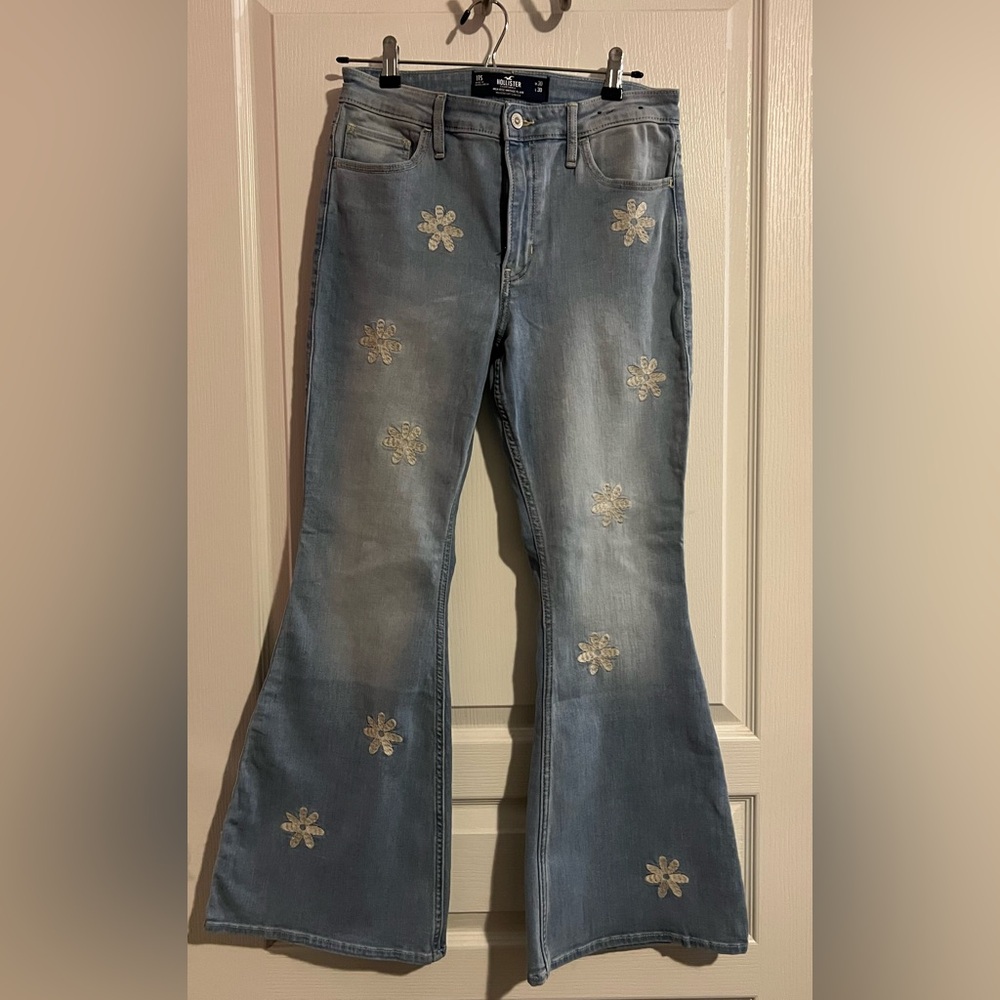Hollister Blue Flare Jeans with Floral Embroidery